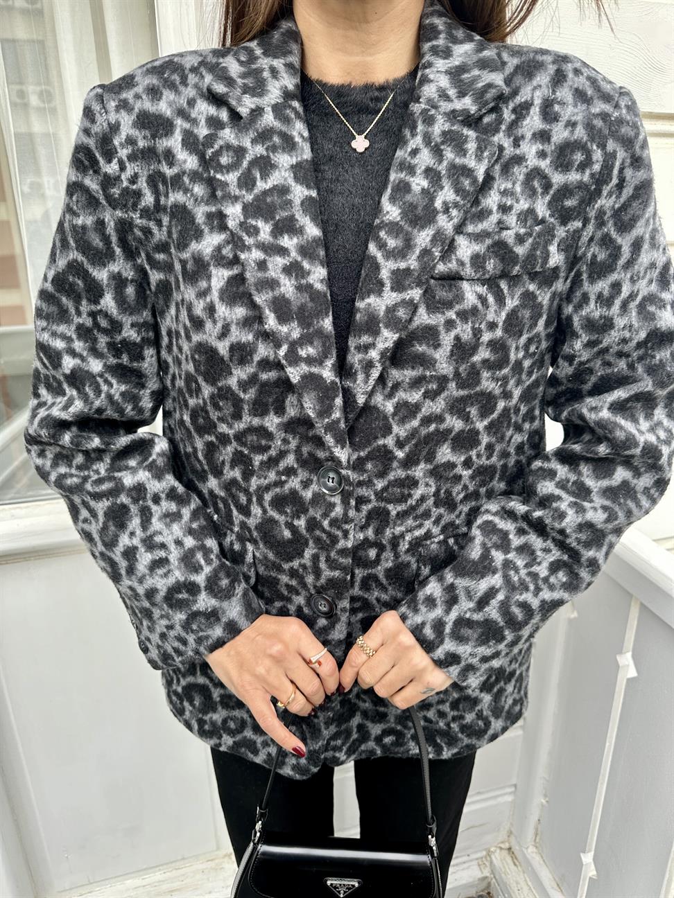 Gri Leopar Desen Oversize Ceket
