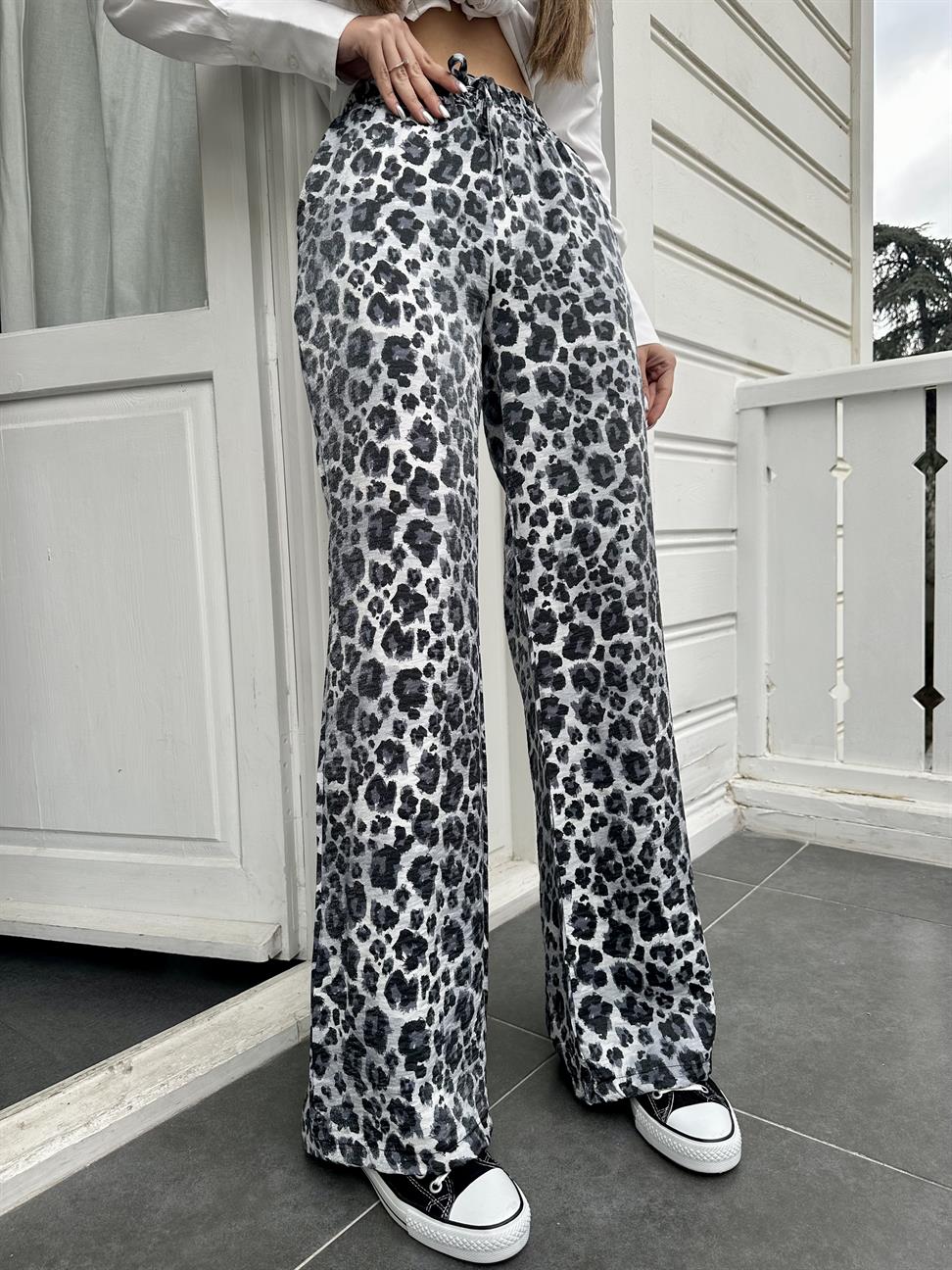 Gri Leopar Saten Pantolon