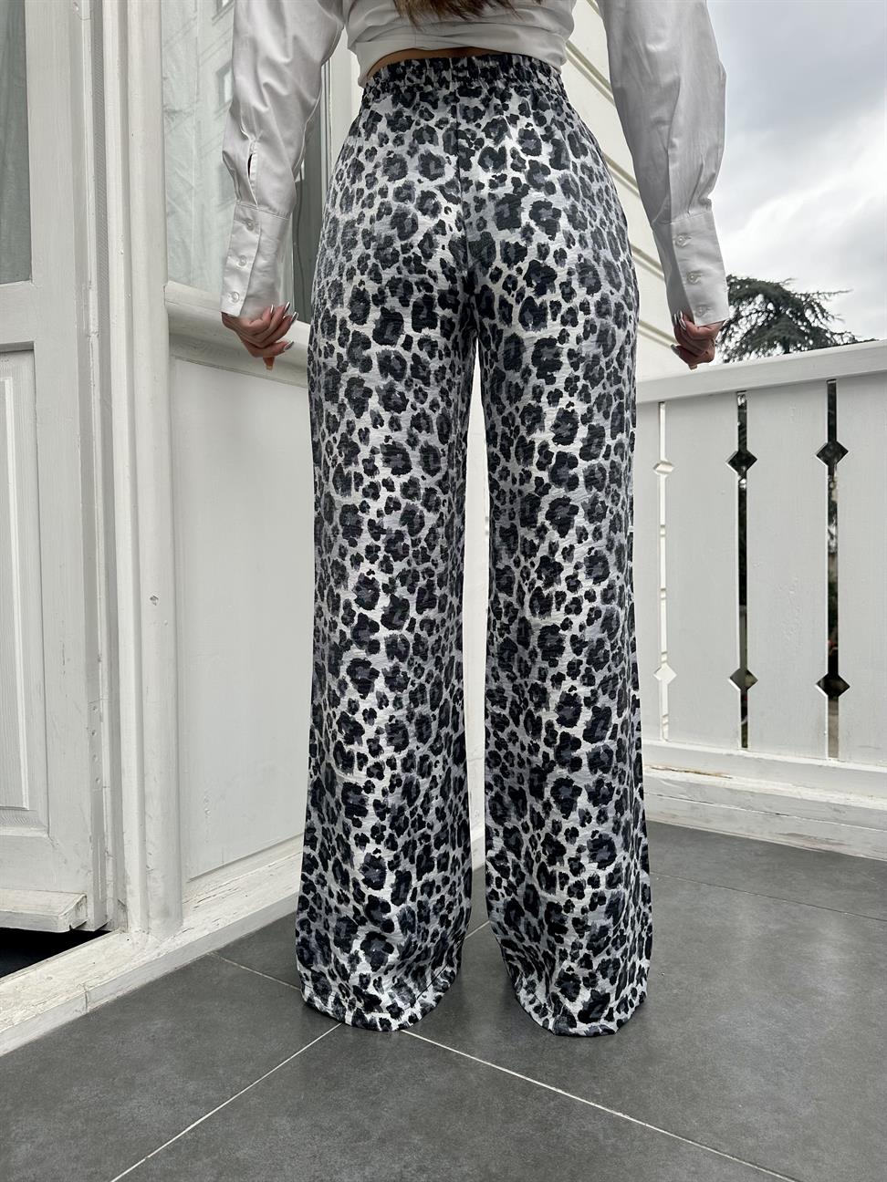 Gri Leopar Saten Pantolon