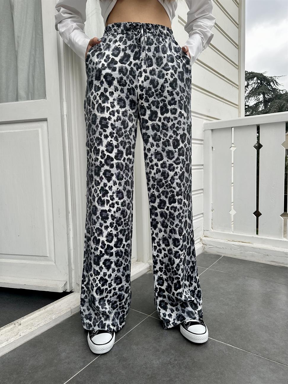 Gri Leopar Saten Pantolon