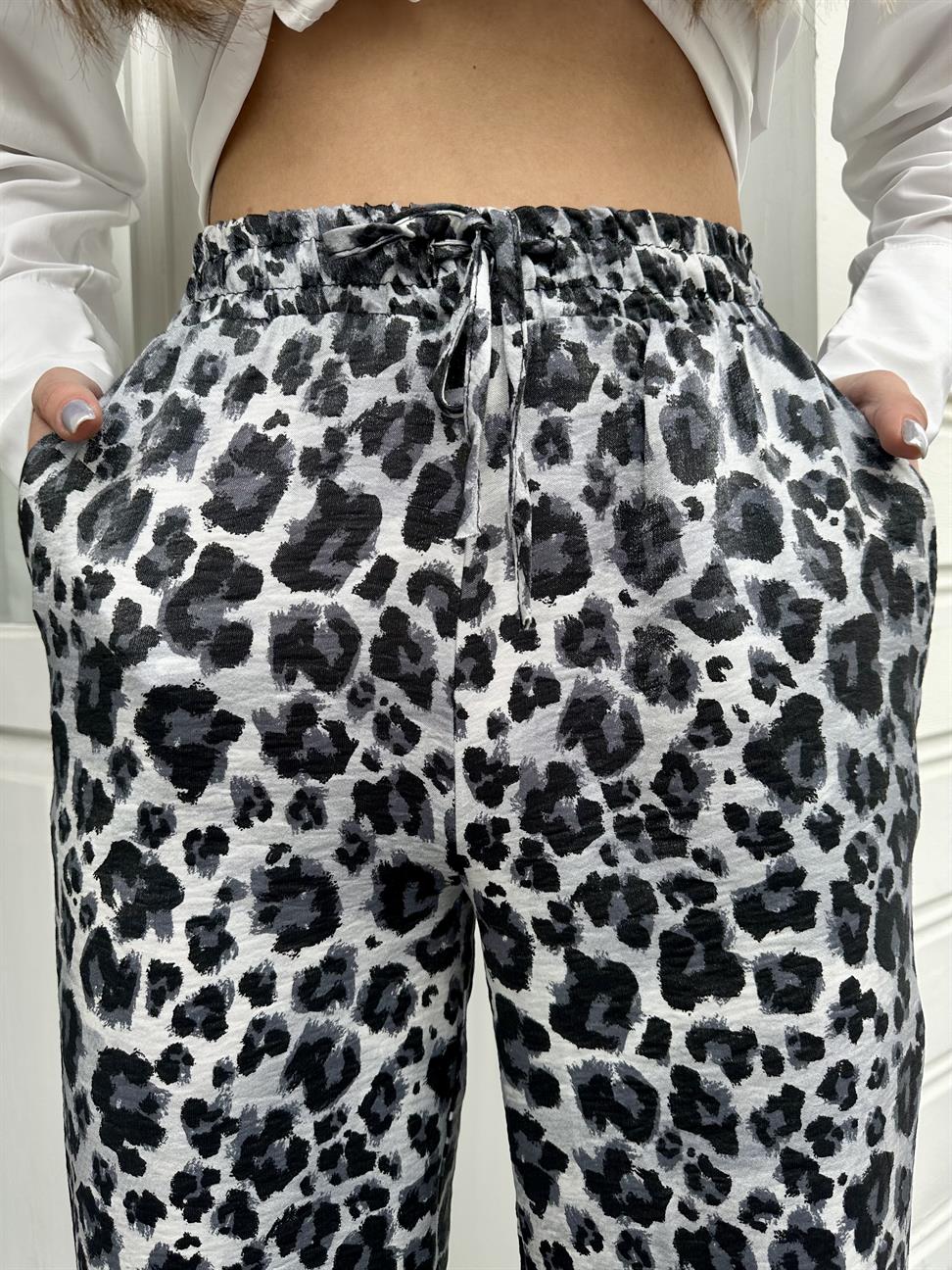 Gri Leopar Saten Pantolon