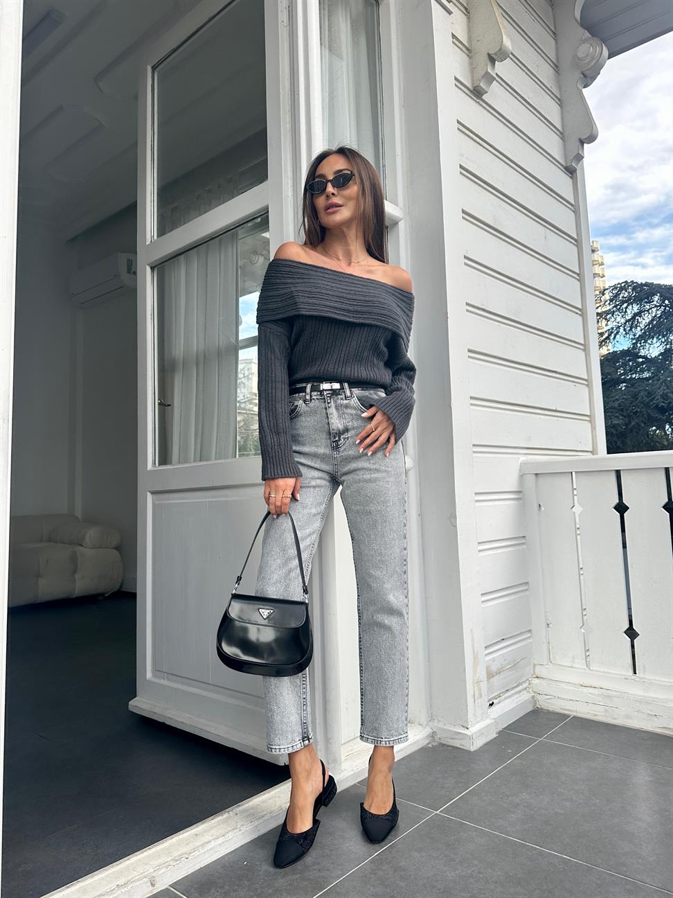 Gri Mom Fit Jean Pantolon