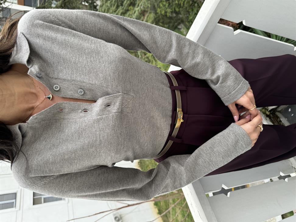 Gri Önü 4 Düğme Polo Yaka Kazak