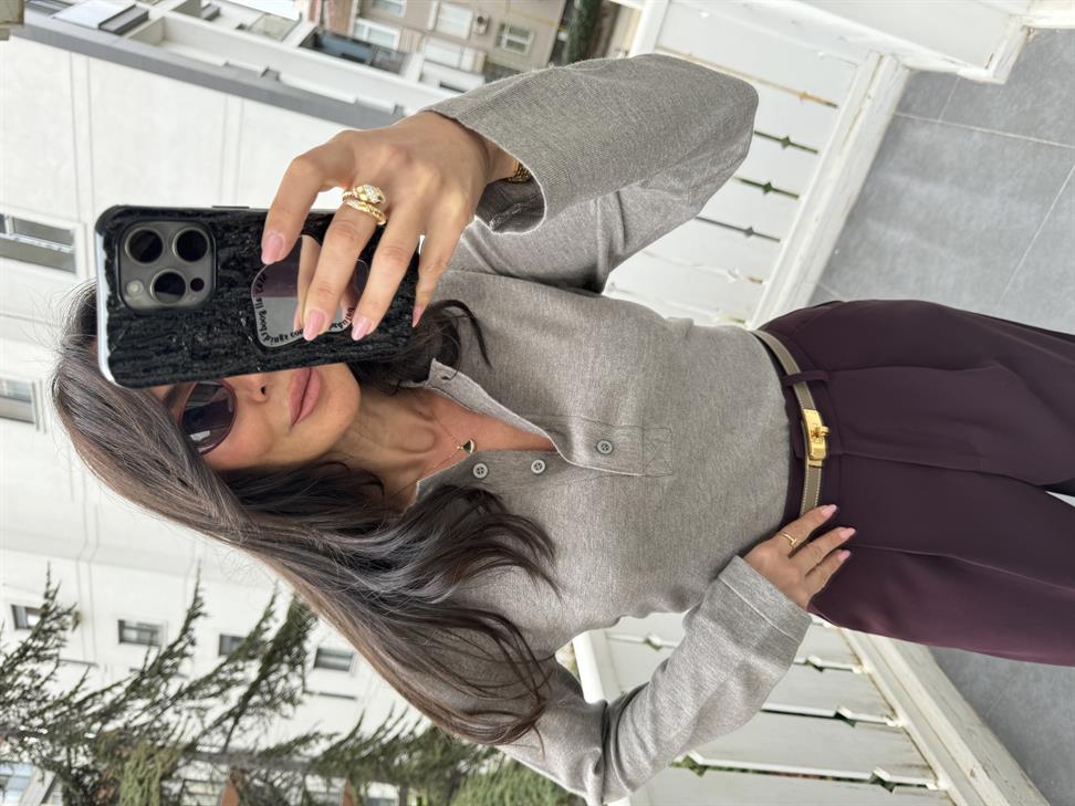 Gri Önü 4 Düğme Polo Yaka Kazak