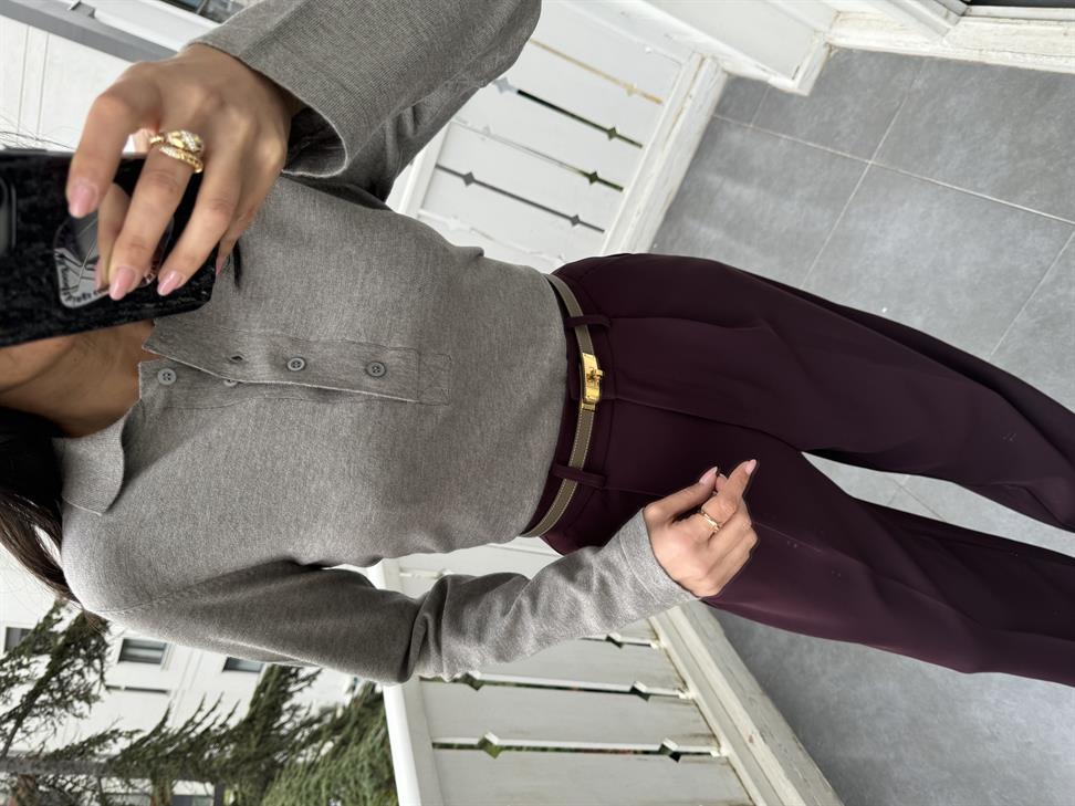 Gri Önü 4 Düğme Polo Yaka Kazak