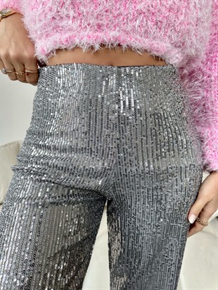 Gri Payet İşlemeli Kumaş Pantolon