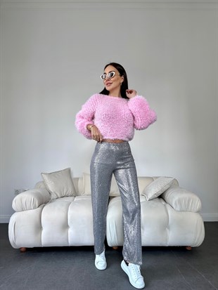 Gri Payet İşlemeli Kumaş Pantolon