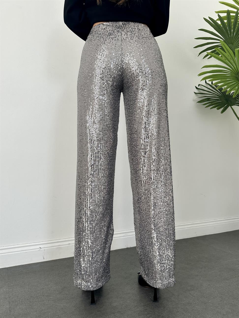 Gri Payetli Bol Paça Pantolon