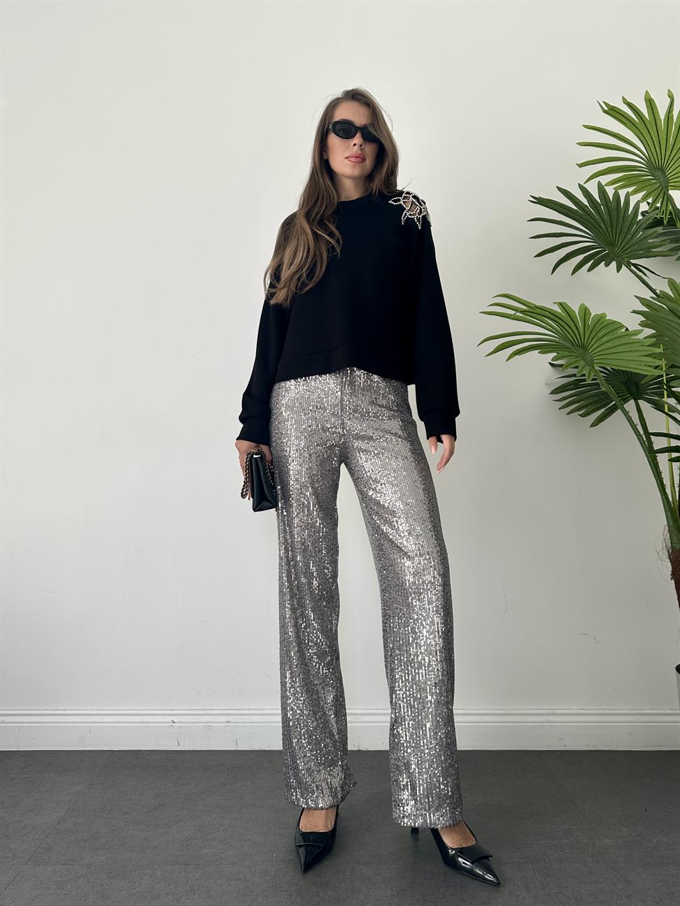 Gri Payetli Bol Paça Pantolon
