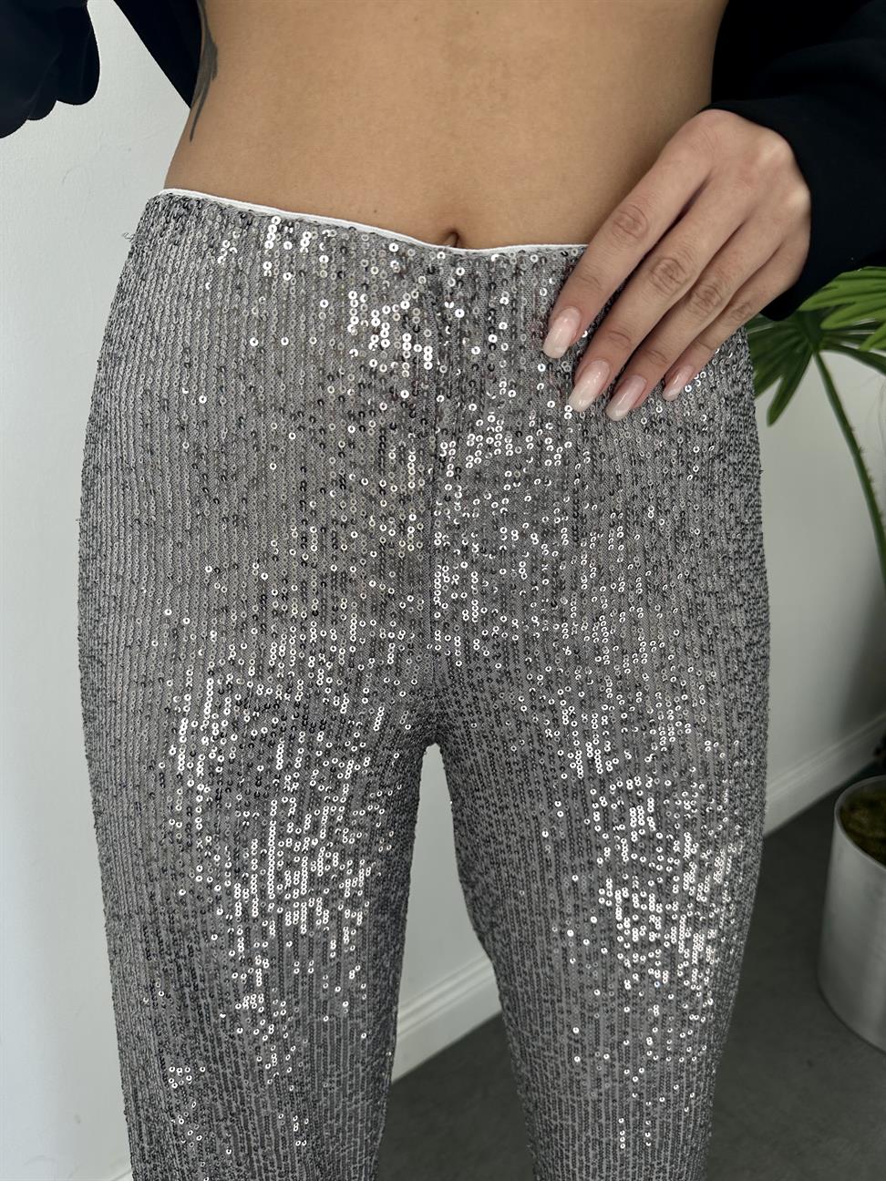 Gri Payetli Bol Paça Pantolon