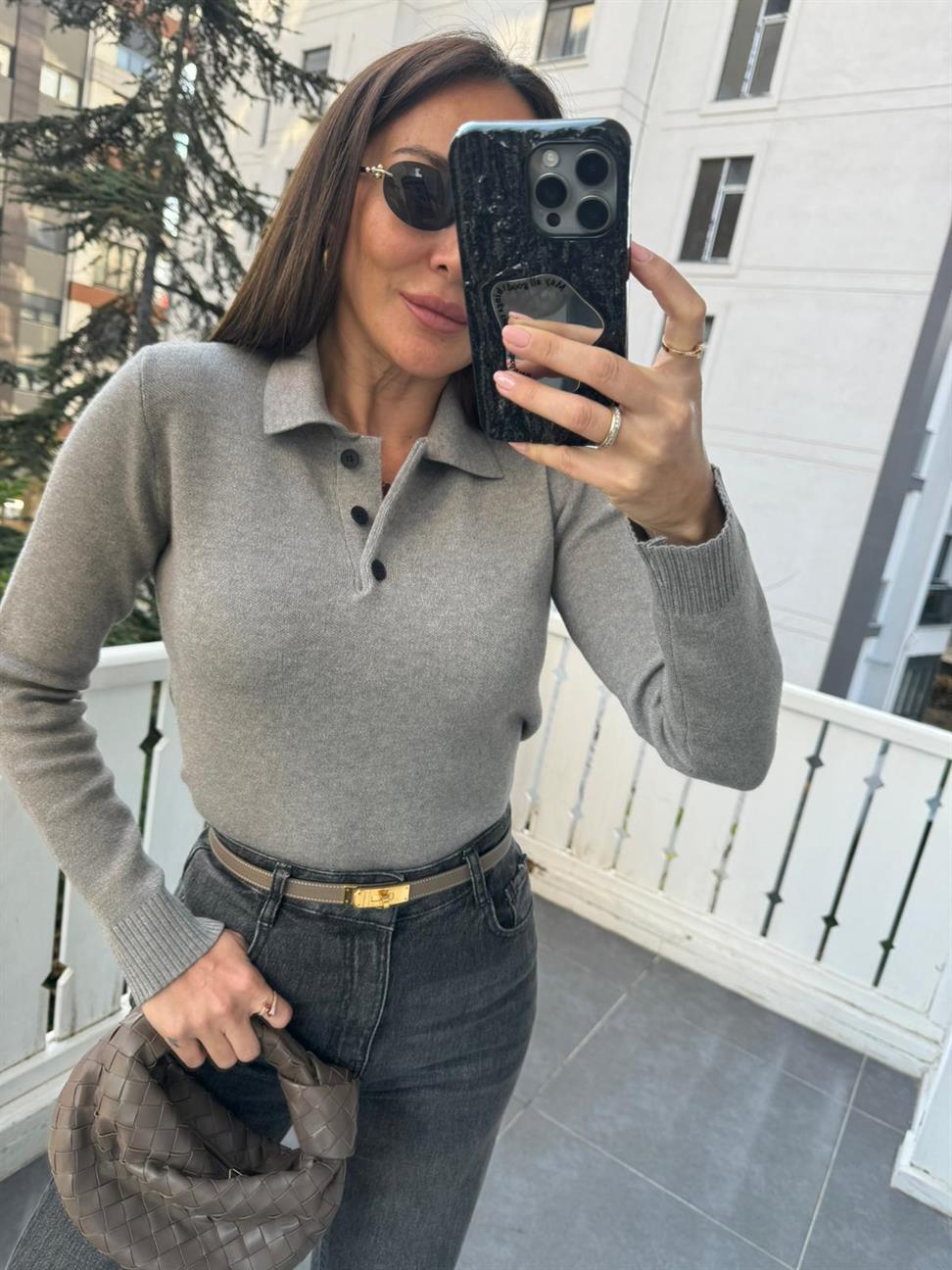 Gri Polo Yaka 3 Düğmeli Kazak