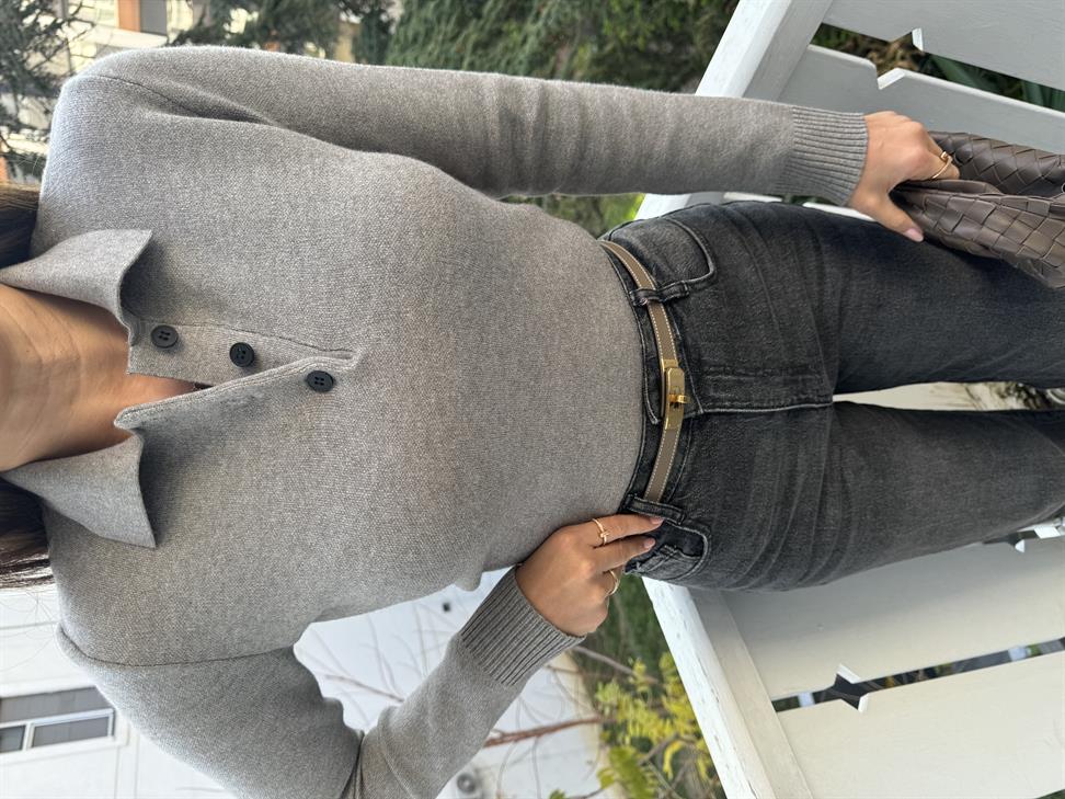 Gri Polo Yaka 3 Düğmeli Kazak