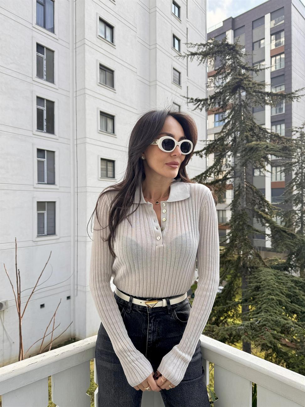 Gri Polo Yaka Düğmeli İnce Triko Kazak