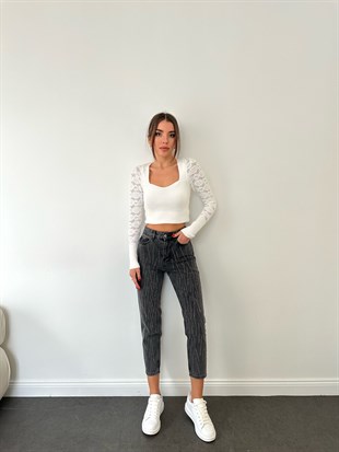 Gri Simli Mom Jean Pantolon