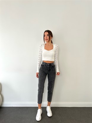 Gri Simli Mom Jean Pantolon