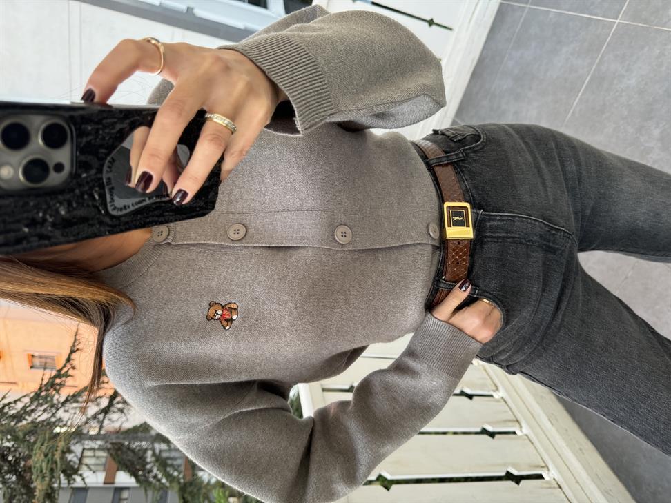 Gri Tedy Nakışlı Bisiklet Yaka Hırka