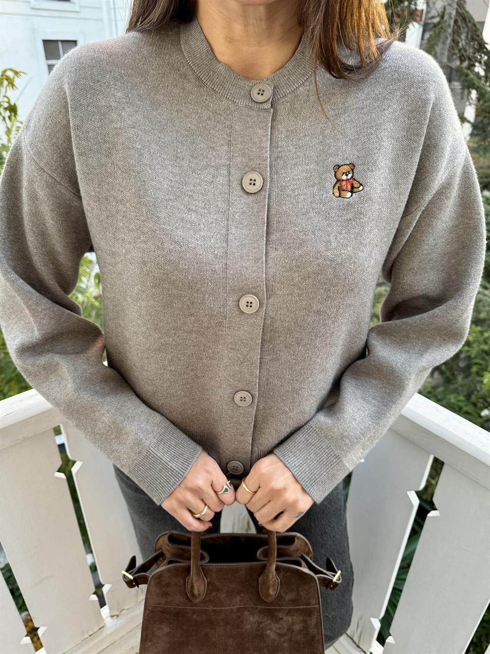 Gri Tedy Nakışlı Bisiklet Yaka Hırka