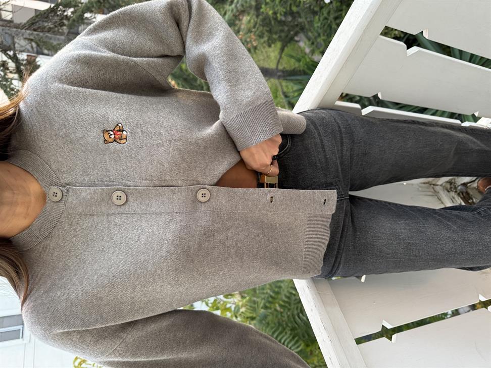 Gri Tedy Nakışlı Bisiklet Yaka Hırka