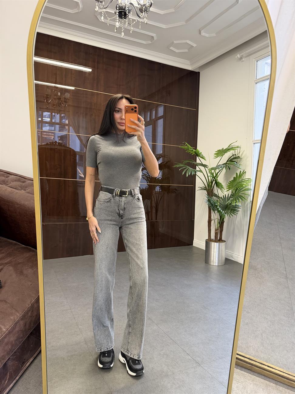 Gri Ütü İzli Wide Leg Jean Pantolon