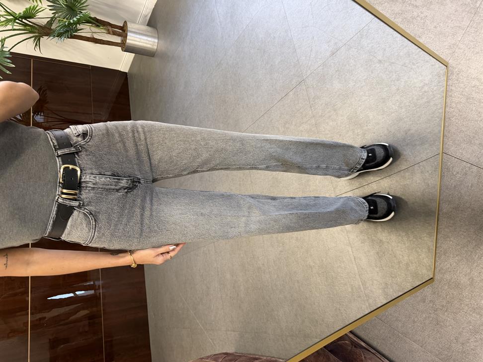 Gri Ütü İzli Wide Leg Jean Pantolon