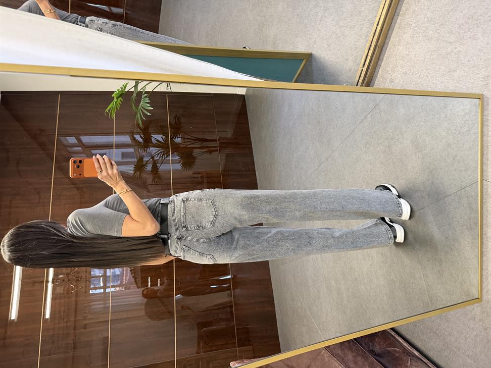 Gri Ütü İzli Wide Leg Jean Pantolon
