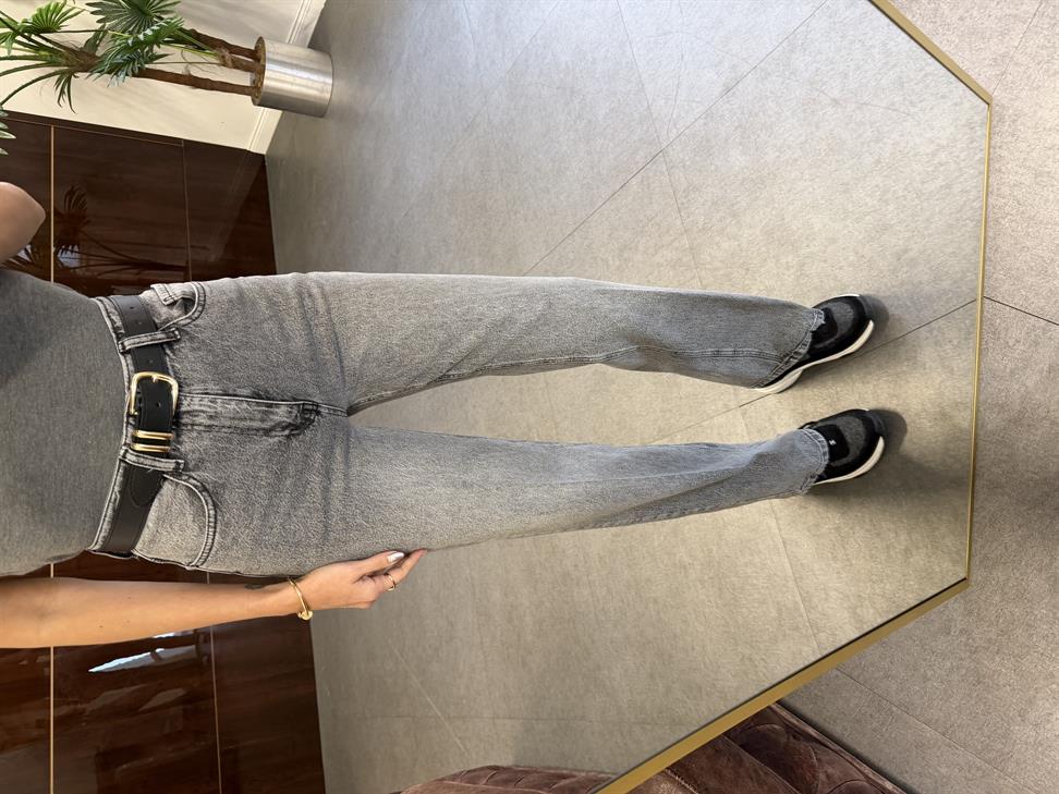 Gri Ütü İzli Wide Leg Jean Pantolon