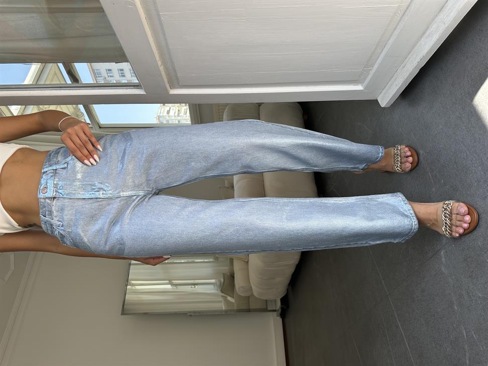 Gümüş Parlak Doku Jean