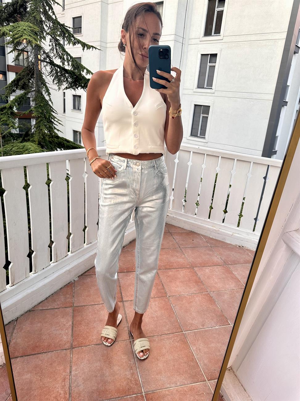 Gümüş Parlak Jean Pantolon