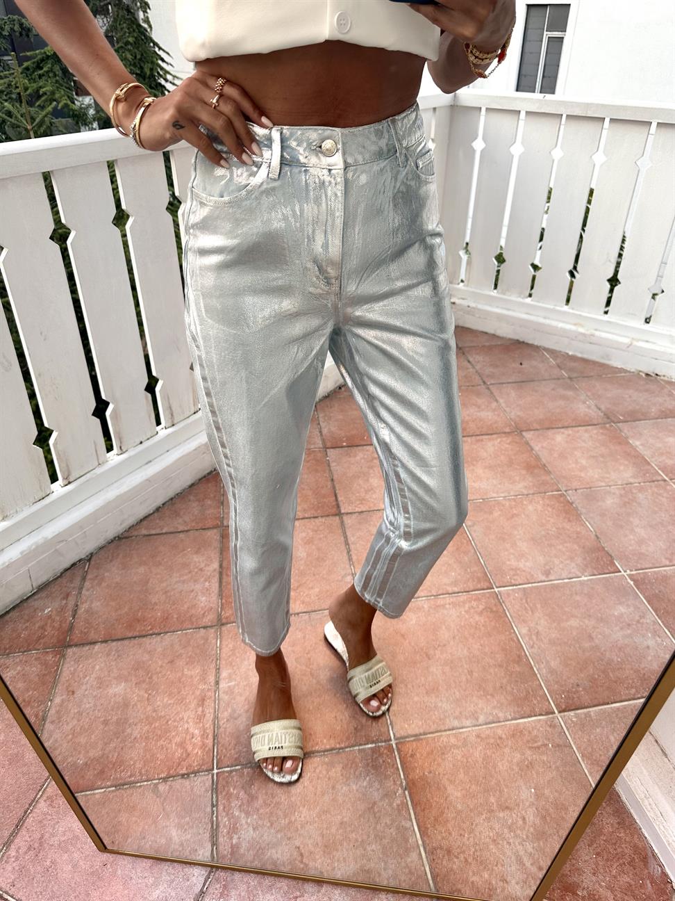 Gümüş Parlak Jean Pantolon