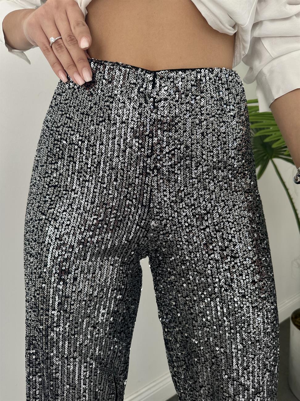 Gümüş Payetli Bol Paça Pantolon