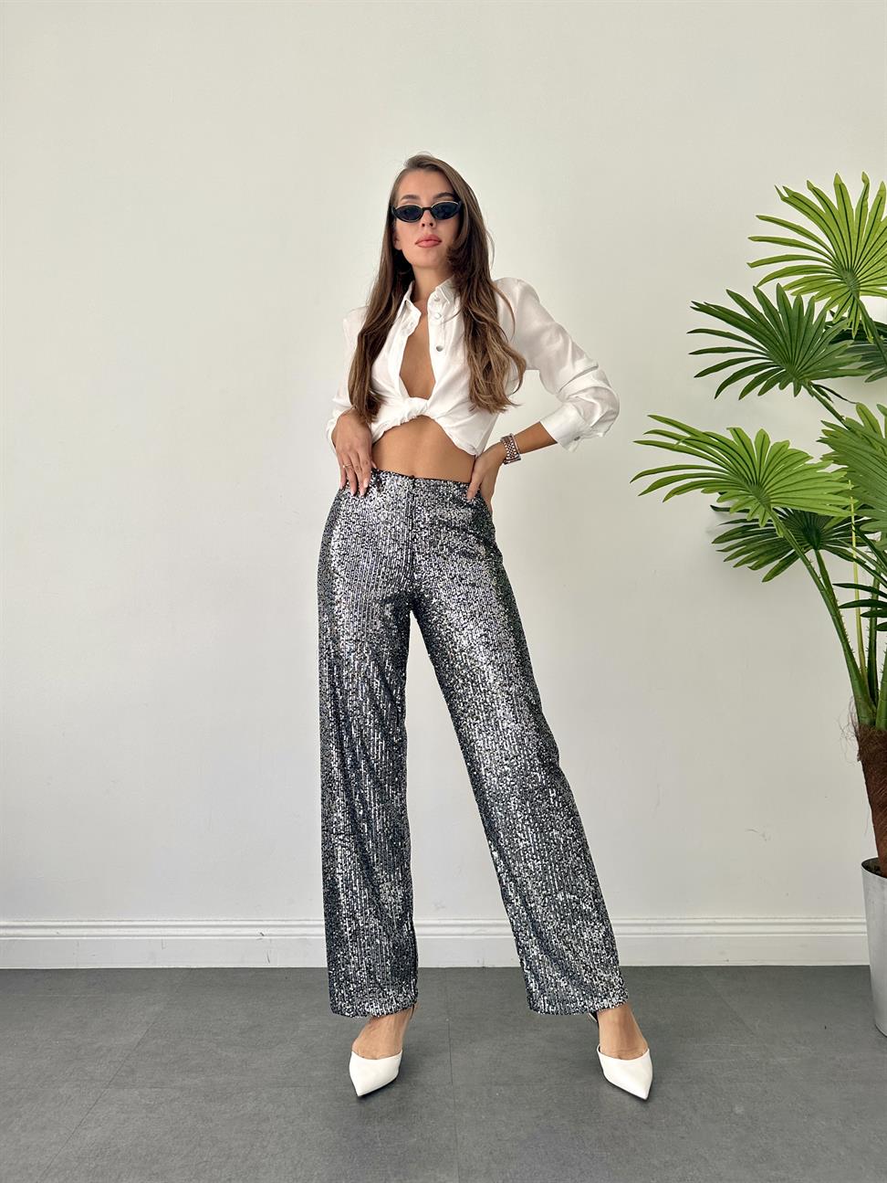 Gümüş Payetli Bol Paça Pantolon
