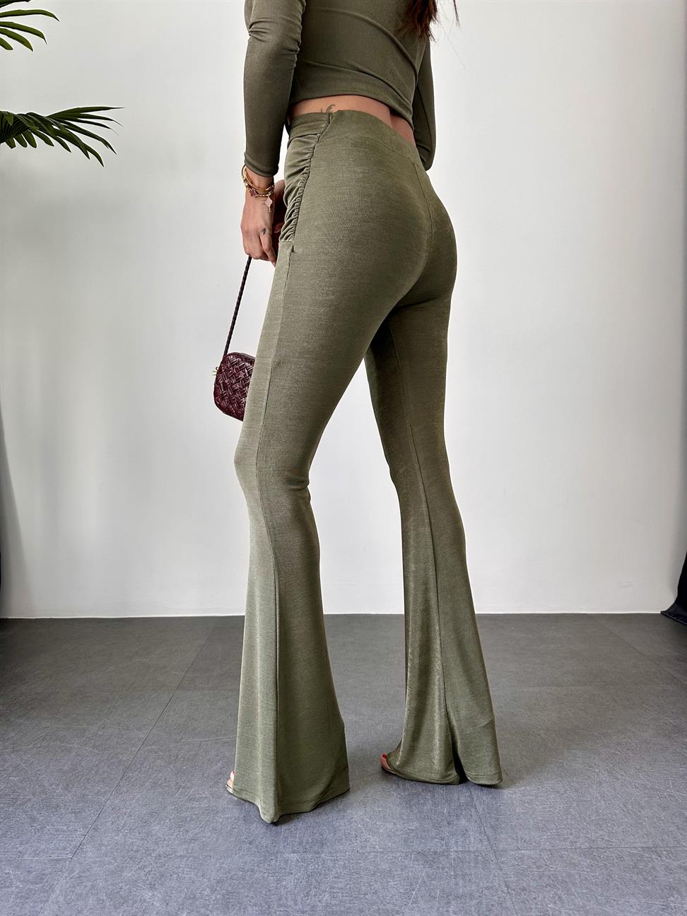 Haki Aksesuar Detay Buzzy Kumaş Pantolon