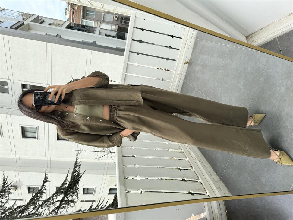 Haki Bağcıklı ve Lastikli Keten Pantolon