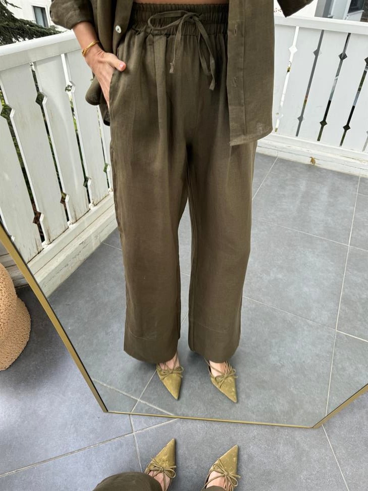 Haki Bağcıklı ve Lastikli Keten Pantolon