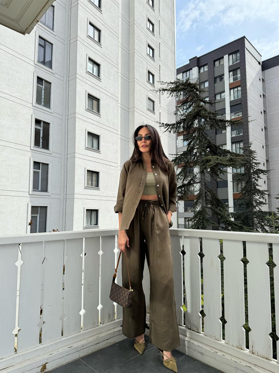 Haki Bağcıklı ve Lastikli Keten Pantolon