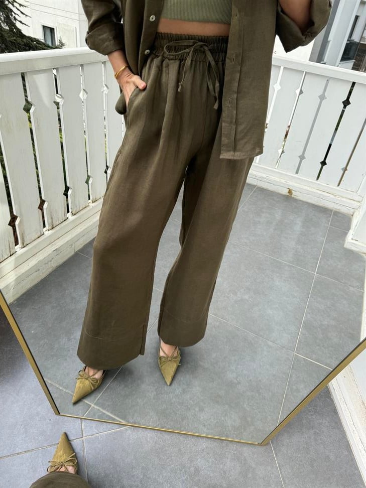 Haki Bağcıklı ve Lastikli Keten Pantolon