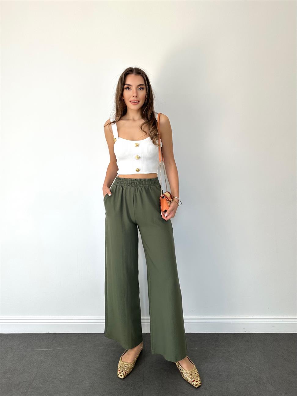 Haki Beli Lastikli Geniş Paça Pantolon