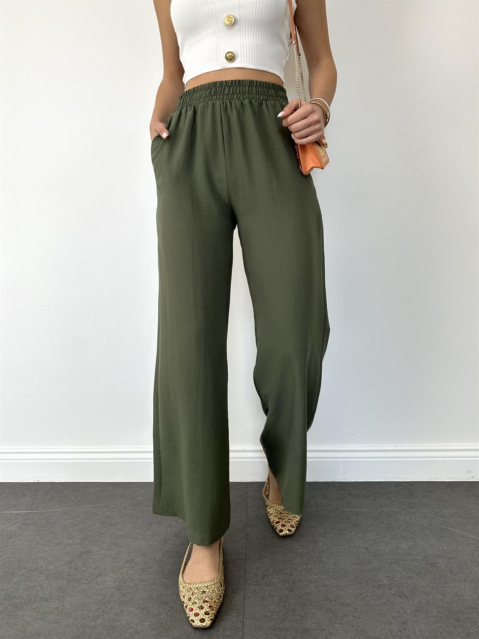 Haki Beli Lastikli Geniş Paça Pantolon