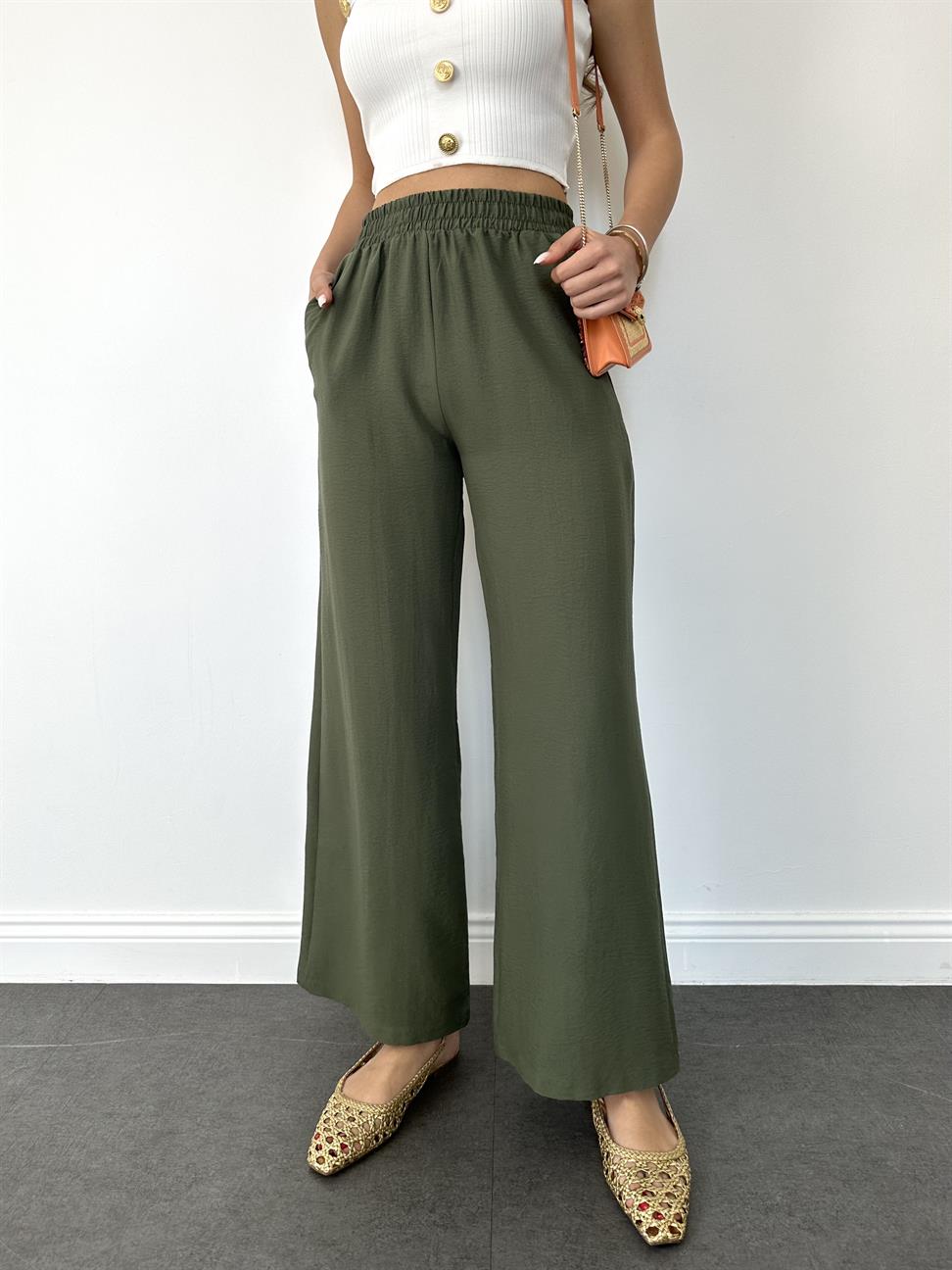 Haki Beli Lastikli Geniş Paça Pantolon