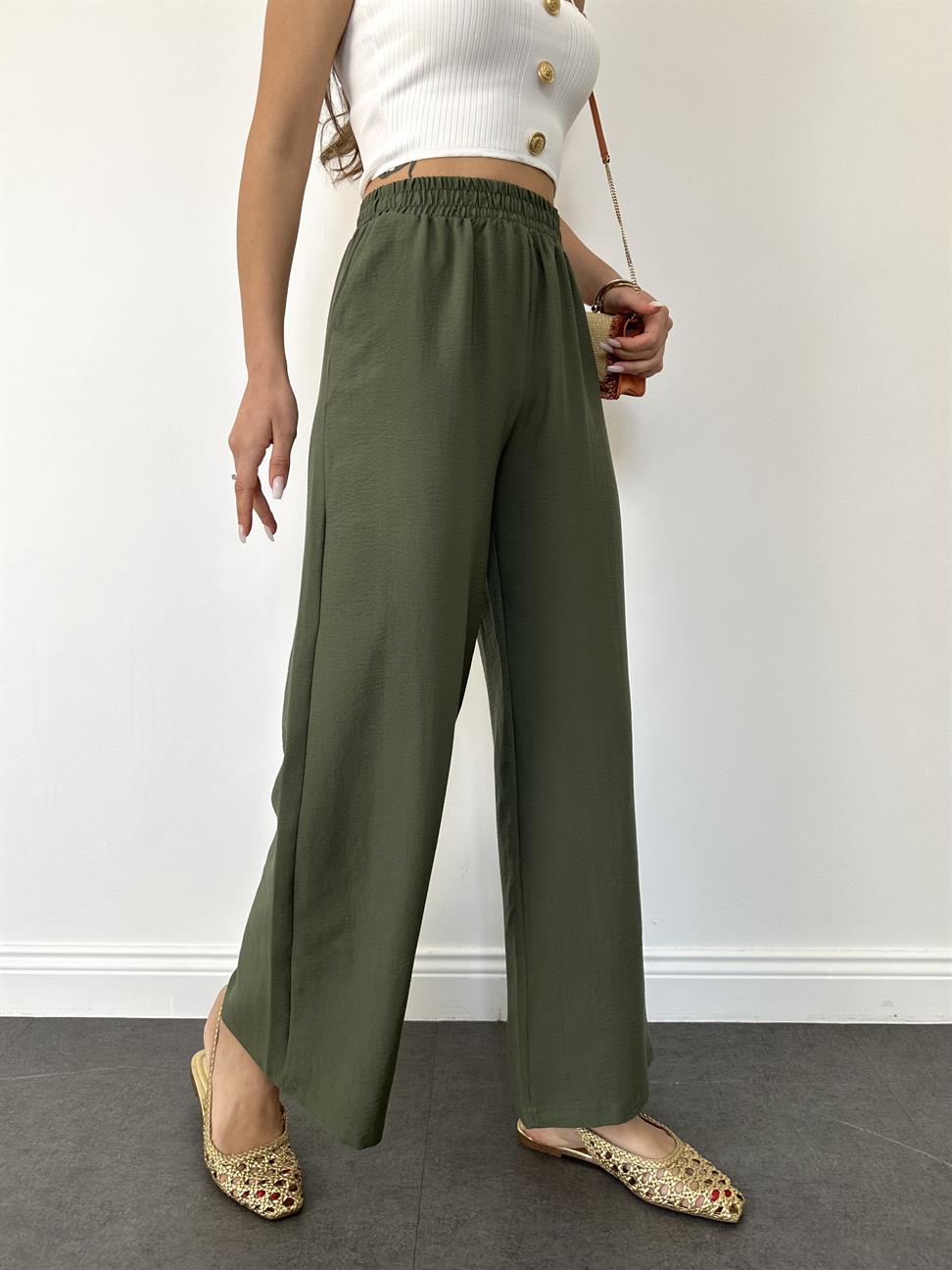 Haki Beli Lastikli Geniş Paça Pantolon