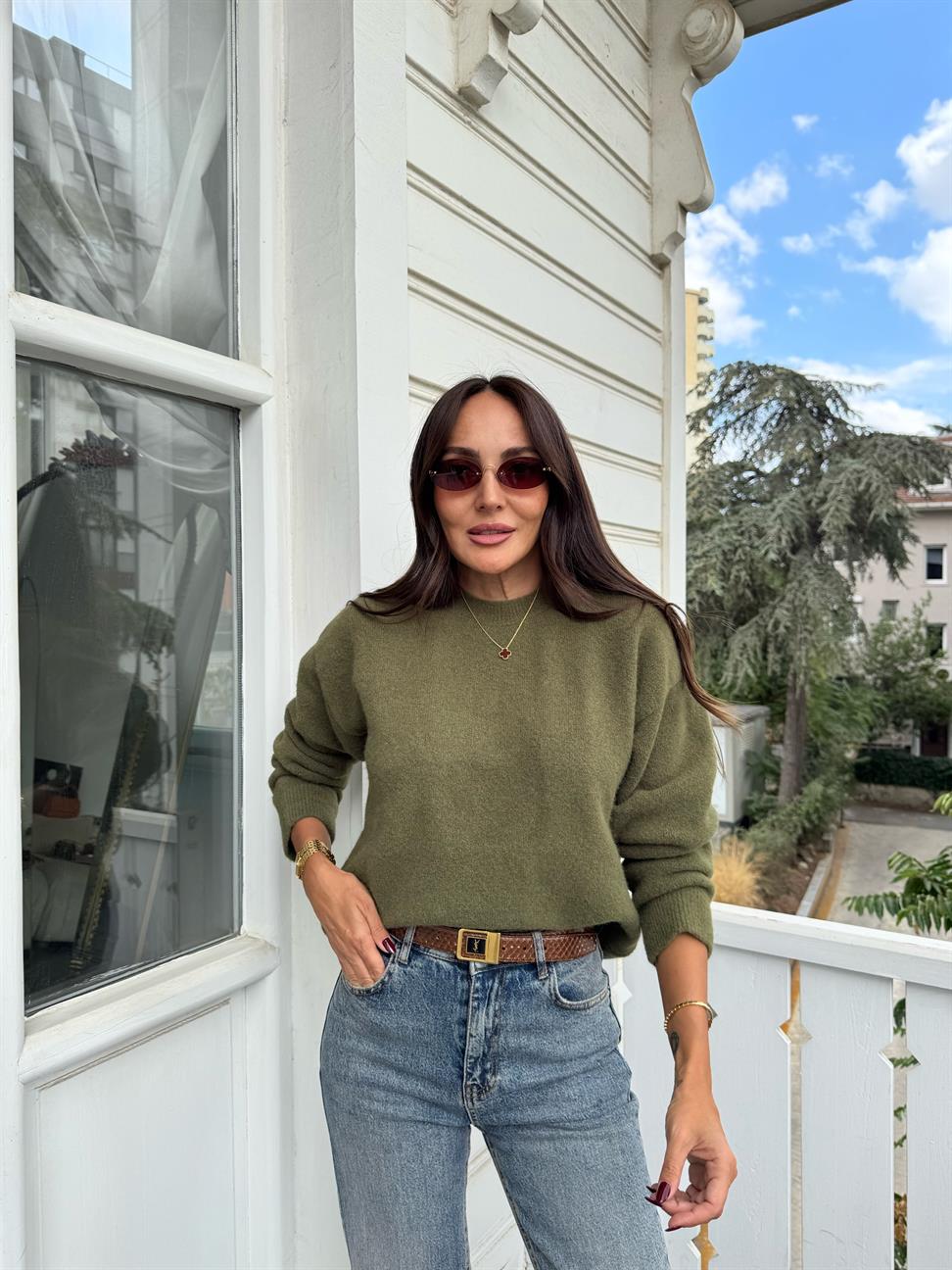 Haki Bisiklet Yaka Yumuşak Dokulu Triko Kazak