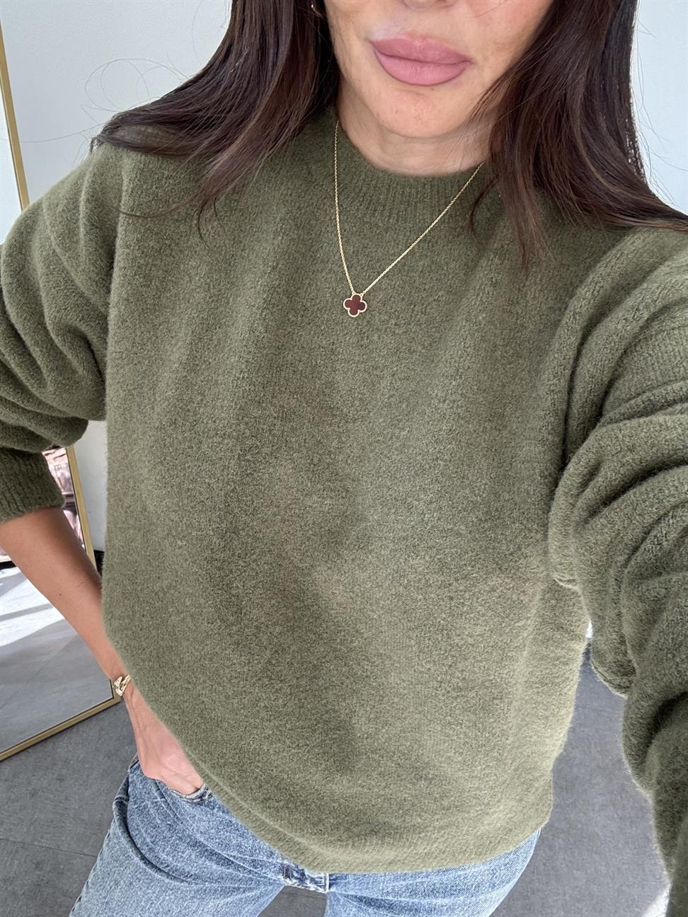 Haki Bisiklet Yaka Yumuşak Dokulu Triko Kazak