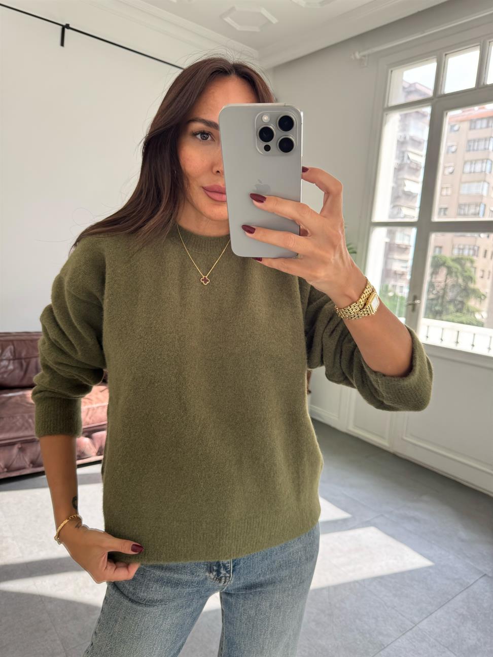 Haki Bisiklet Yaka Yumuşak Dokulu Triko Kazak