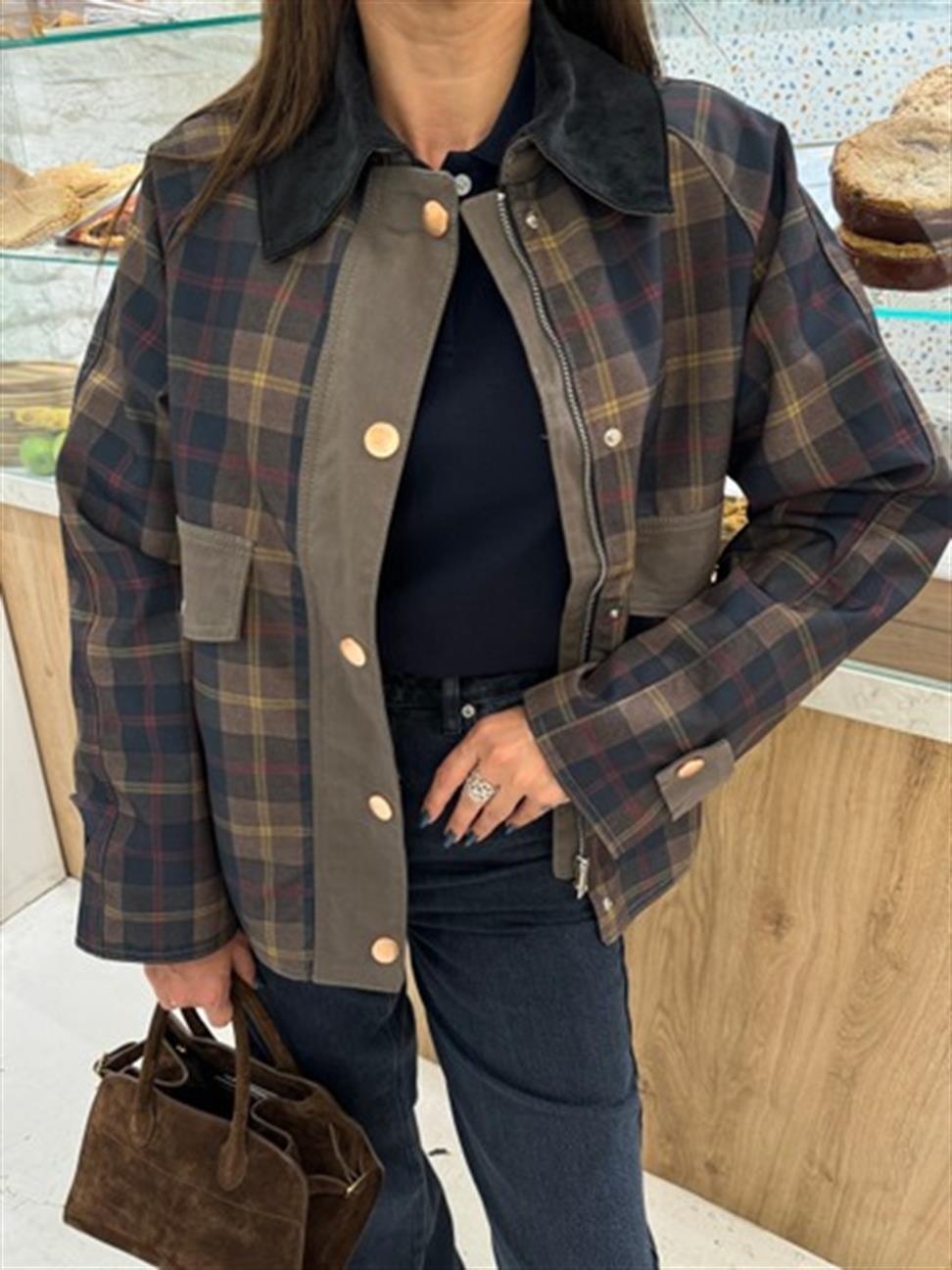 Haki Çıtçıtlı Ekoseli Ceket