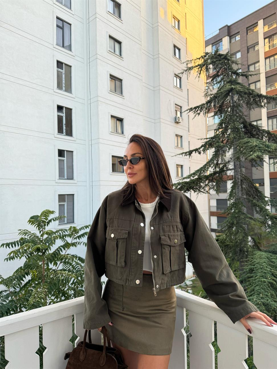 Haki Çıtçıtlı Kot Ceket