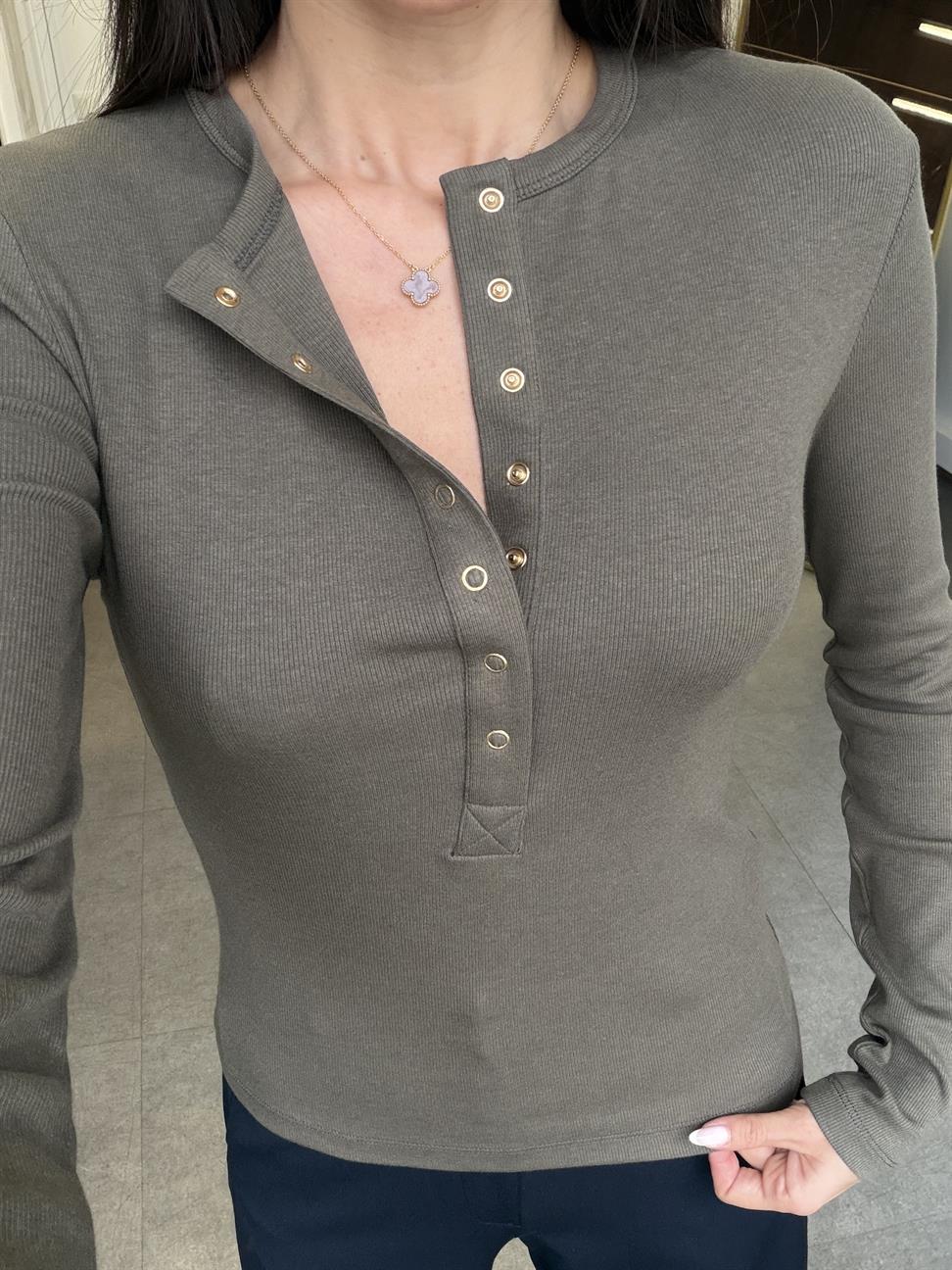 Haki Çıtçıtlı Uzun Kollu Top