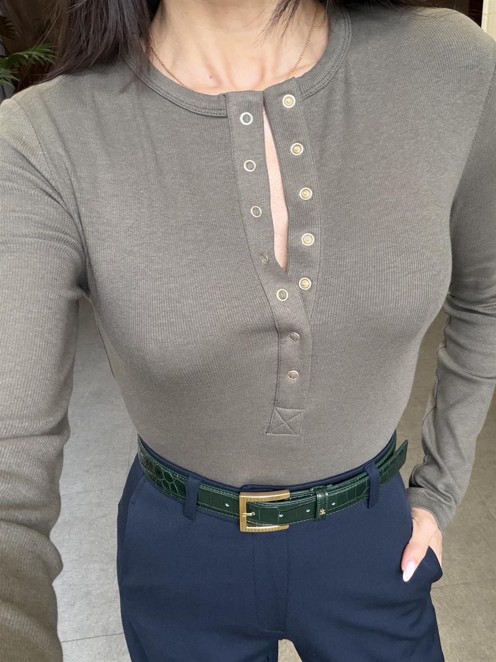 Haki Çıtçıtlı Uzun Kollu Top