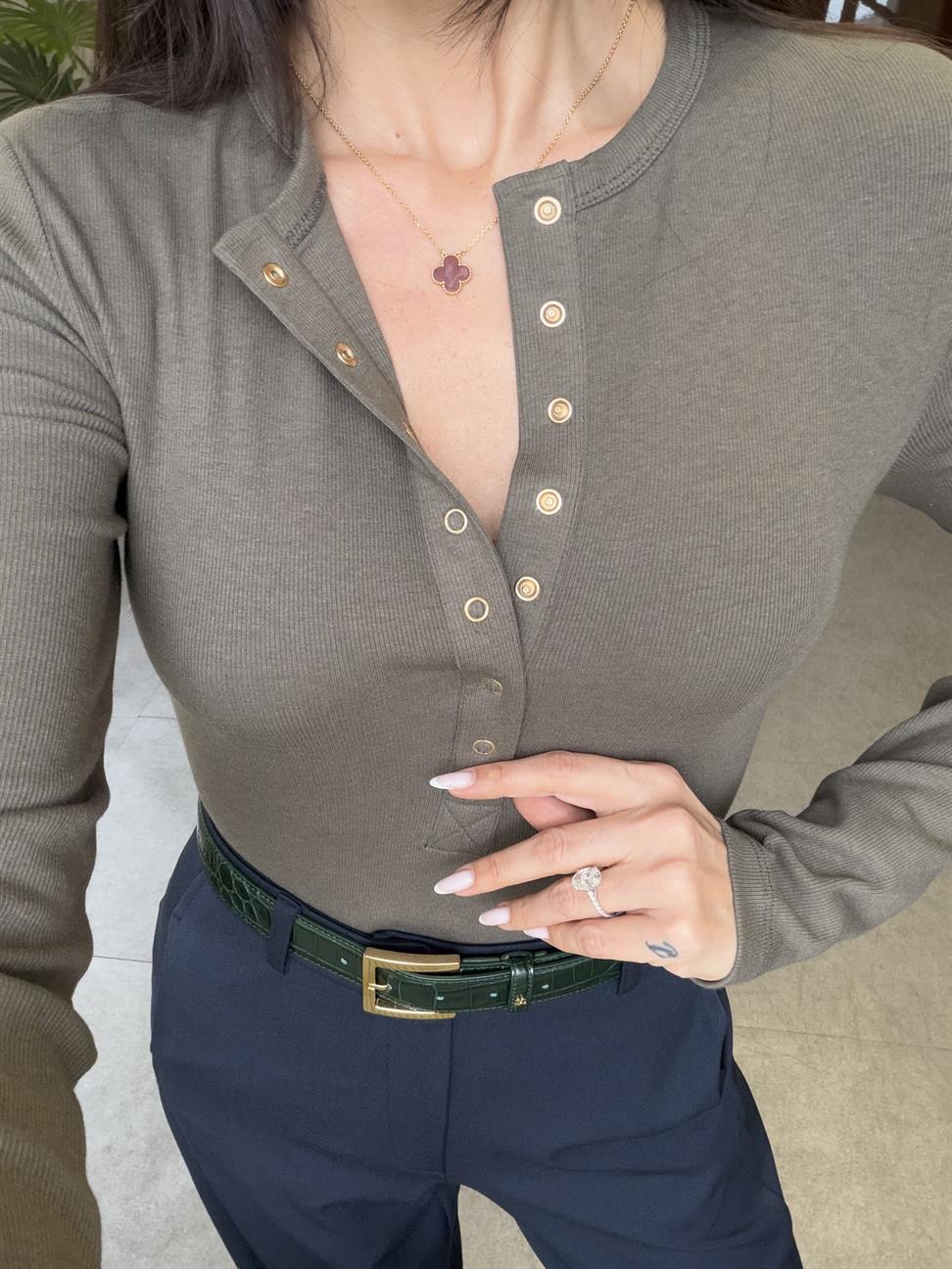 Haki Çıtçıtlı Uzun Kollu Top