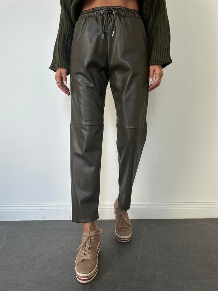 Haki Dizi Dikişli Bağcıklı ve Beli Lastikli Deri Pantolon