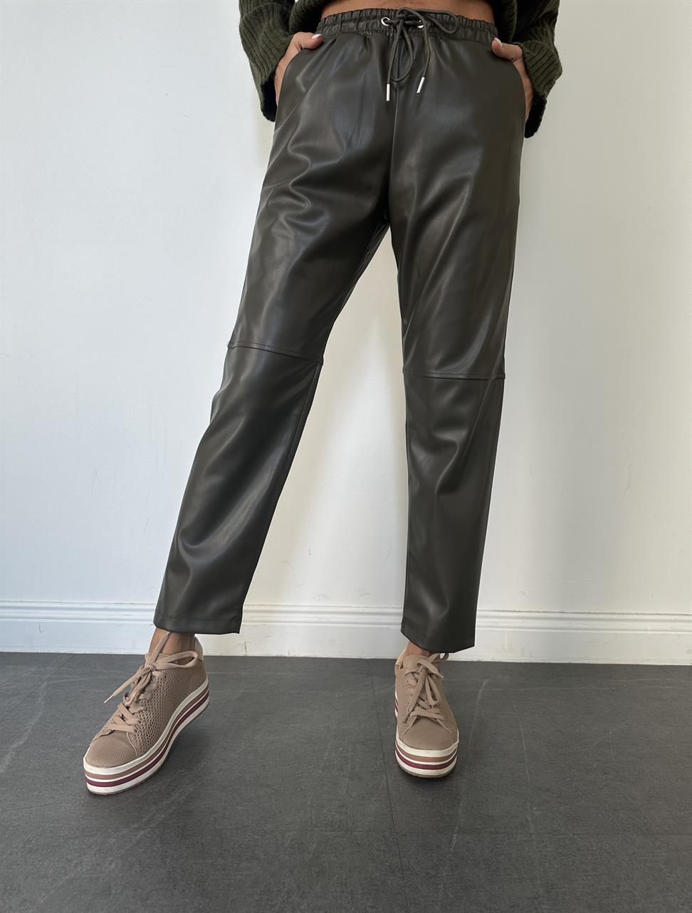 Haki Dizi Dikişli Bağcıklı ve Beli Lastikli Deri Pantolon